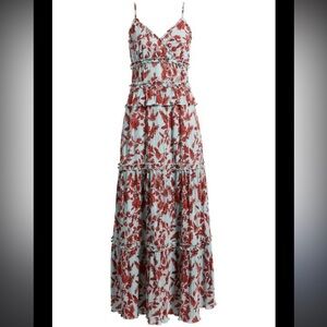 Chelsea28 Red and Blue Plisse Floral Maxi Skirt Tiered sleeveless pleated NWT